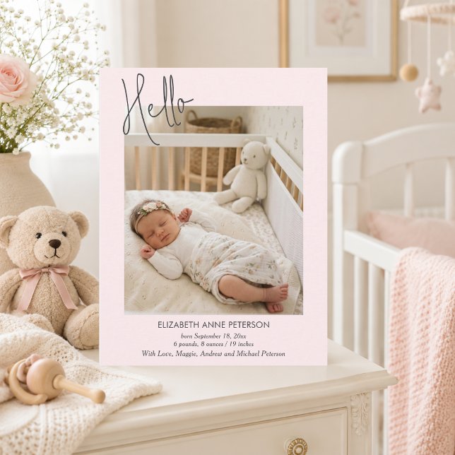 Mjuk rosa hallo baby födelseannonsering vykort (Skapare uppladdad)