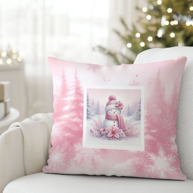 Mjuk Rosa Julskogs Snömannen Kudd Kudde (Soft Pinkmas Christmas Forest Snowman Pillow)