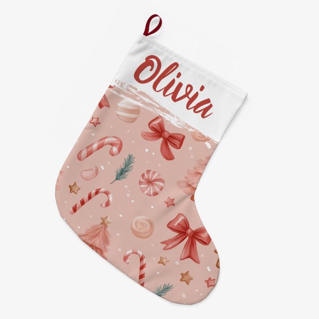 Mjuk rosa julstrumpa med festlig mönster (Framsidan (Hängande))