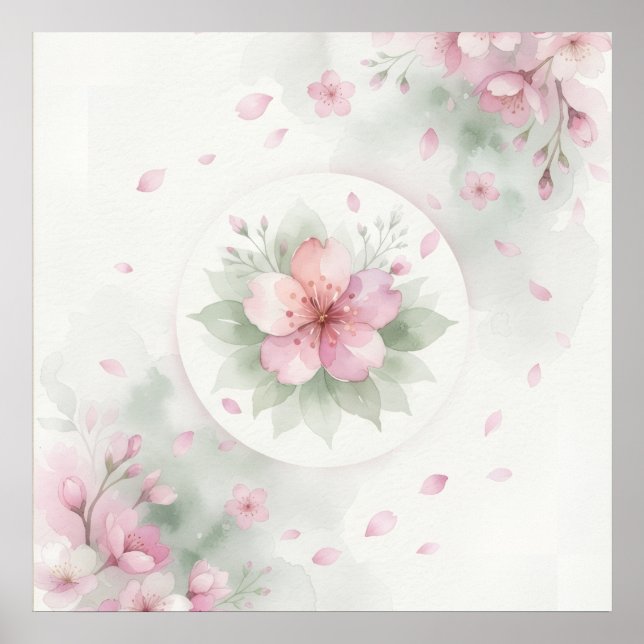 Mjuk Rosa Körsbärsblomvattenfärg Blommig Affisch (Framsidan)