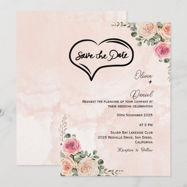 Mjuk Rosa Kräm Blommig Bröllopsinbjudan Spara Datu Inbjudningar (Fram/baksida)