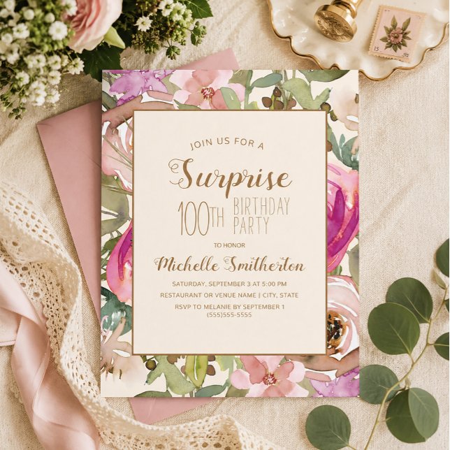 Mjuk Rosa Lila Blommig Överraskning 100-årsdag Inbjudningar (Pink and purple watercolor floral 100th birthday invitation)