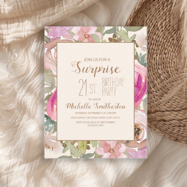 Mjuk Rosa Lila Blommig Överraskning 21-årsdag Inbjudningar (Elegant pink watercolor floral and sage green leaves 21st birthday party invitation)