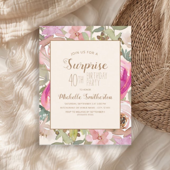Mjuk Rosa Lila Blommig Överraskning 40-årsdag Inbjudningar (Pink watercolor floral and sage green leaves surprise 40th birthday party invitation)