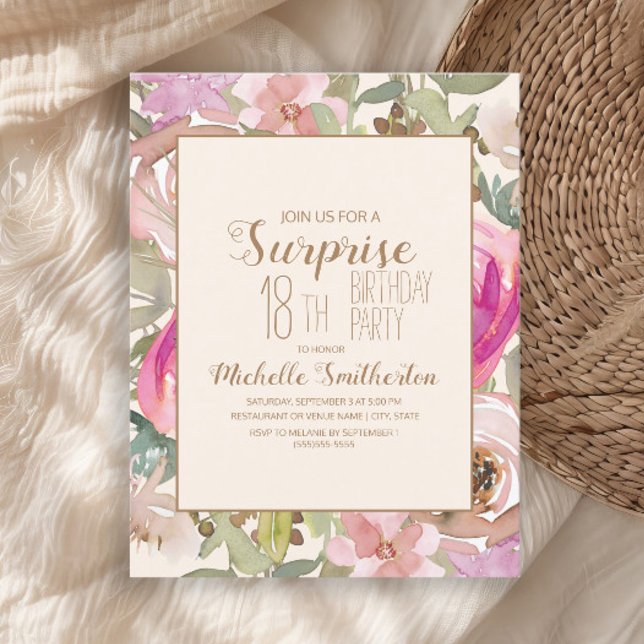Mjuk Rosa Lila Blommigt Surprise 18:e födelsedagen Inbjudningar (Elegant pink watercolor flowers and sage green leaves 18th birthday party invitation)