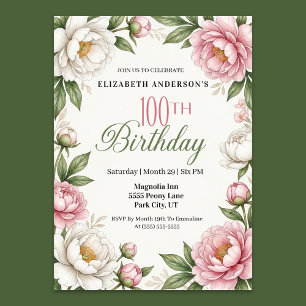 Mjuk Rosa Magnolia och Peony 100-årsdag Inbjudningar