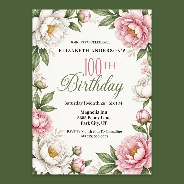 Mjuk Rosa Magnolia och Peony 100-årsdag Inbjudningar (Elegant 100th birthday invitation with soft pink and white watercolor peonies, green leaves)