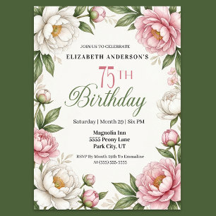 Mjuk Rosa Magnolia och Peony 75-årsdag Inbjudningar