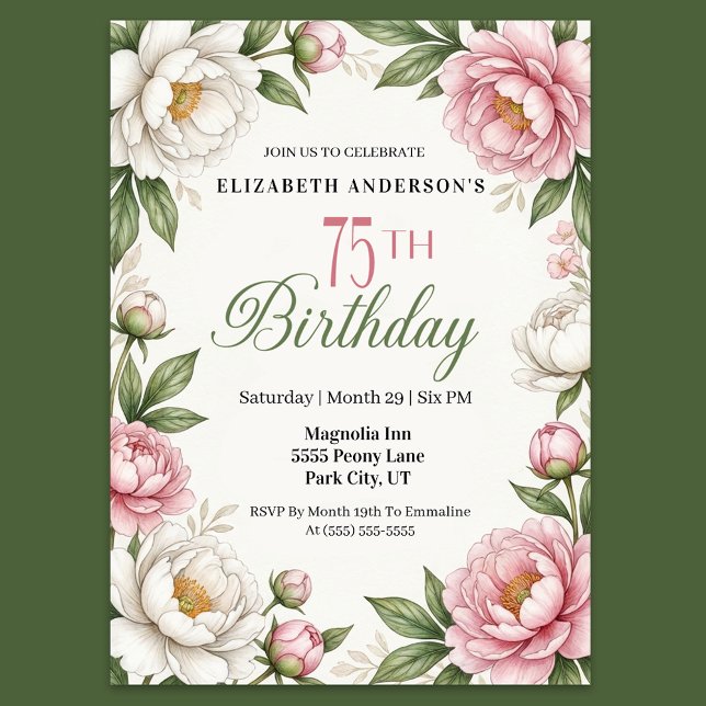 Mjuk Rosa Magnolia och Peony 75-årsdag Inbjudningar (Elegant floral 75th birthday invitation with pink peonies white magnolias and green leaves)
