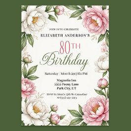 Mjuk Rosa Magnolia och Peony 80-årsdag Inbjudningar