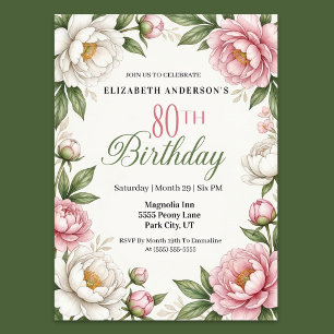 Mjuk Rosa Magnolia och Peony 80-årsdag Inbjudningar