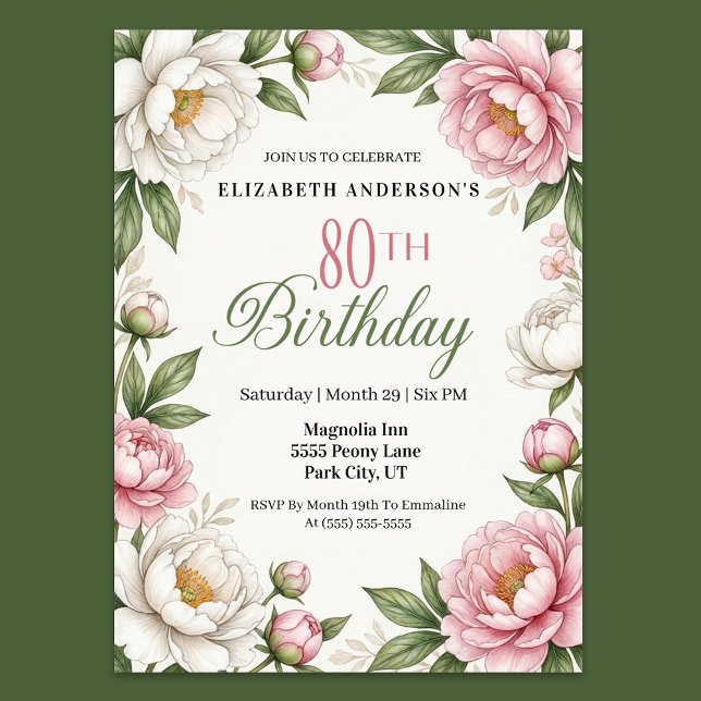 Mjuk Rosa Magnolia och Peony 80-årsdag Inbjudningar (Elegant floral 80th birthday invitation with soft pink peonies white magnolia flowers )