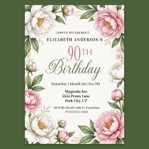 Mjuk Rosa Magnolia och Peony 90-årsdag Inbjudningar
