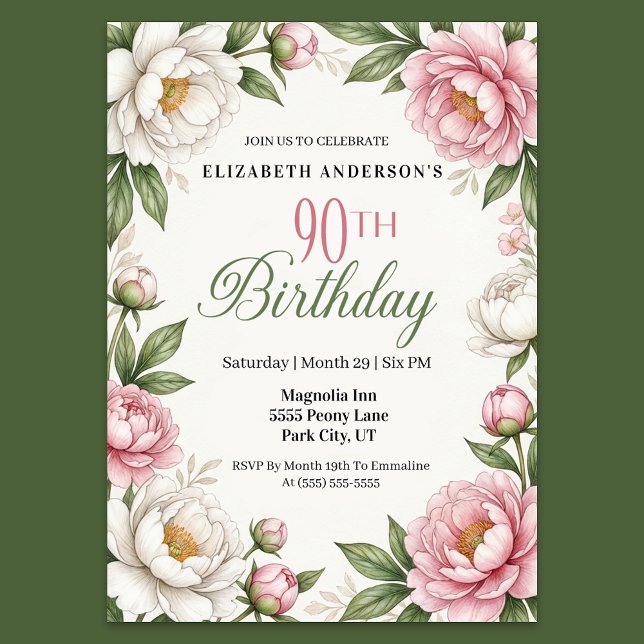 Mjuk Rosa Magnolia och Peony 90-årsdag Inbjudningar (Elegant pink peony and white magnolia floral 90th birthday invitation with soft botanical greenery )