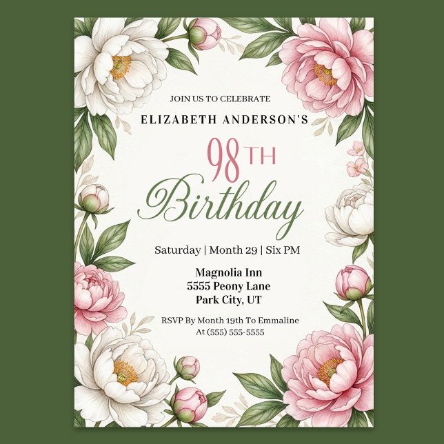 Mjuk Rosa Magnolia och Peony 98-årsdag Inbjudningar (Elegant pink peony and white magnolia floral 98th birthday party invitation with botanical greenery )