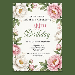 Mjuk Rosa Magnolia och Peony 99-årsdag Inbjudningar
