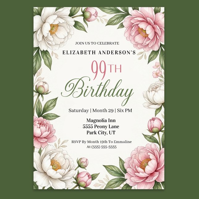 Mjuk Rosa Magnolia och Peony 99-årsdag Inbjudningar (Elegant pink peony and white magnolia floral 99th birthday invitation with botanical greenery )