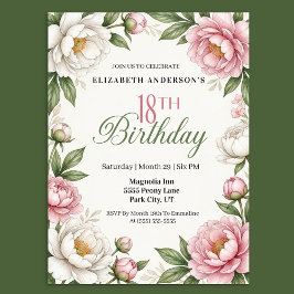 Mjuk Rosa Magnolia och Pion 18-årsdag Inbjudningar