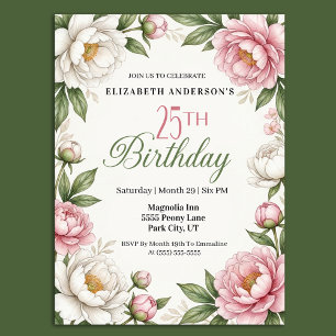 Mjuk Rosa Magnolia och Pion 25-års Födelsedag Inbjudningar
