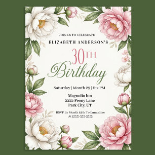 Mjuk Rosa Magnolia och Pion 30-års Födelsedag Inbjudningar