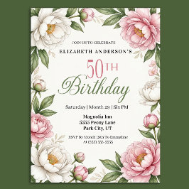Mjuk Rosa Magnolia och Pion 50-års Födelsedag Inbjudningar