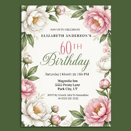 Mjuk Rosa Magnolia och Pion 60-årsdag Inbjudningar