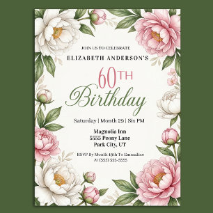Mjuk Rosa Magnolia och Pion 60-årsdag Inbjudningar