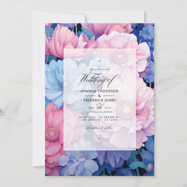 Mjuk Rosa och Blå Blommig Bröllop Inbjudningar (Framsida)