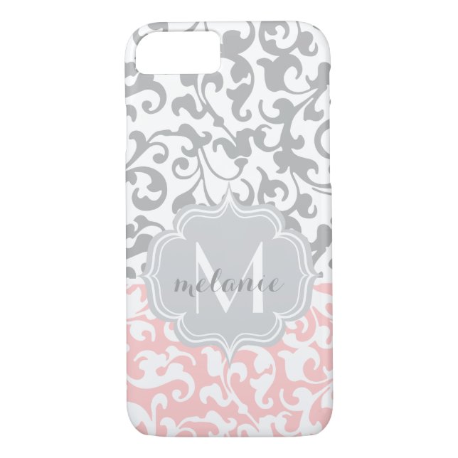 Mjuk Rosa och Grått Damask Monogram Case-Mate iPhone Skal (Baksida)