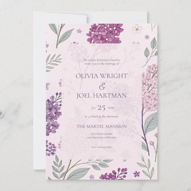 Mjuk rosa och lila syren blomsterbröllop  inbjudningar (Framsida)
