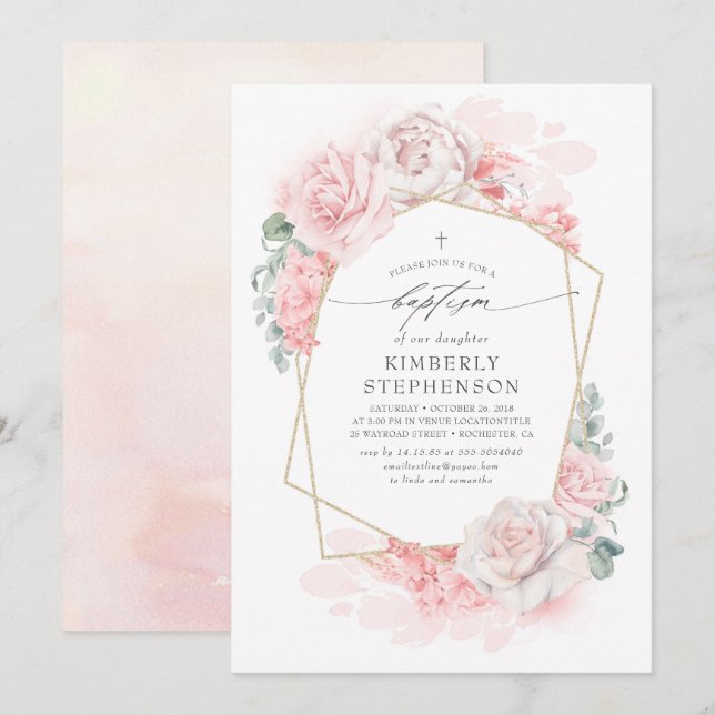 Mjuk Rosa Pastel Flowers Elegant Modern baptism Inbjudningar (Fram/baksida)