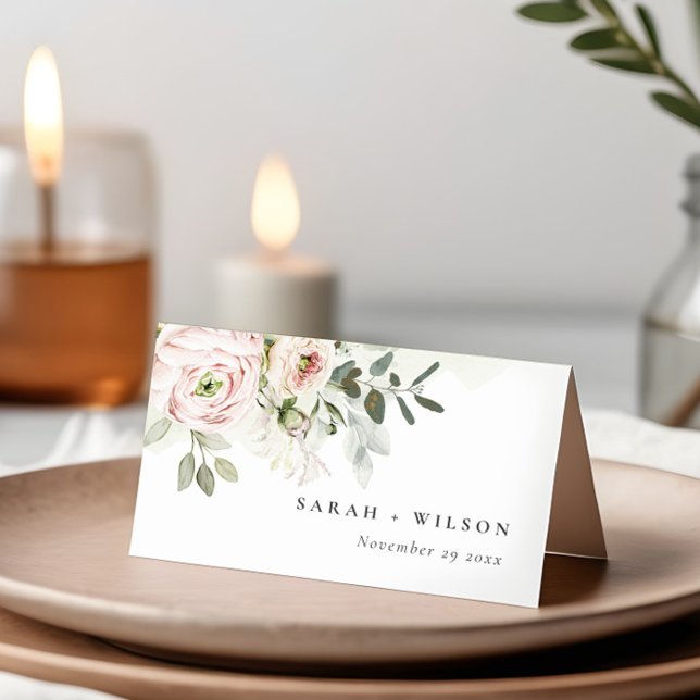 Mjuk  Rosa Peonies Eucalyptus Foliage Bröllop Placeringskort (Skapare uppladdad)