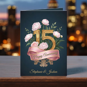 Mjuk Rosa Peonies & Guld 15:e Bröllop-årsdagen Kort