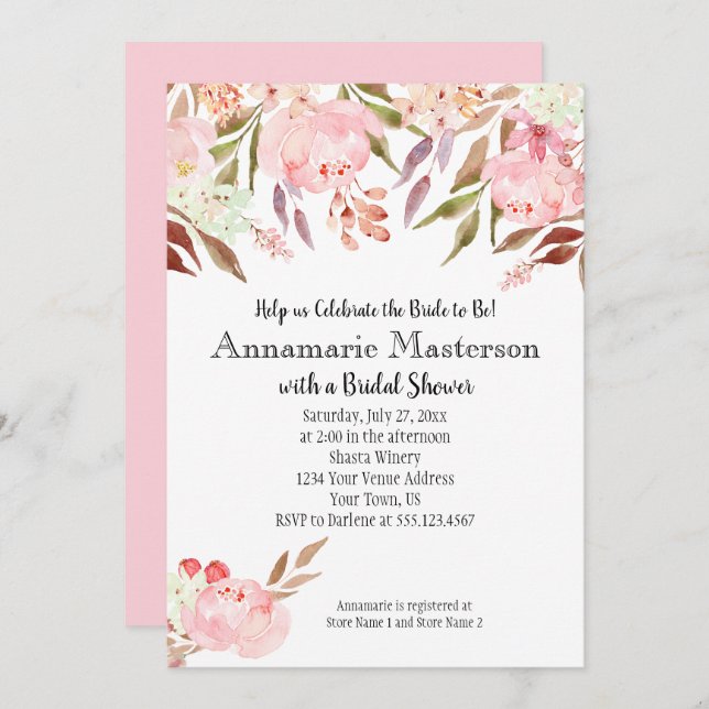 Mjuk Rosa Peonies Wildblommes Löv Möhippa Inbjudningar (Fram/baksida)