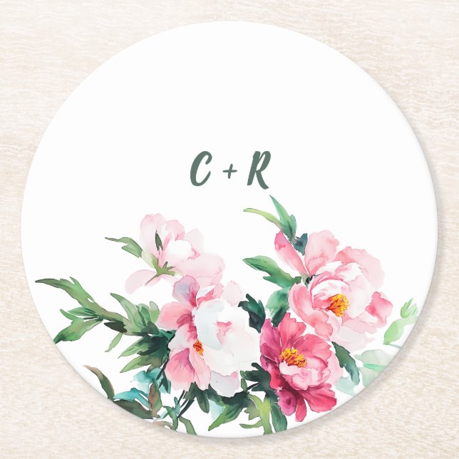 Mjuk Rosa Peony & Eucalyptus Blommig Bröllop Underlägg Papper Rund (Framsidan)
