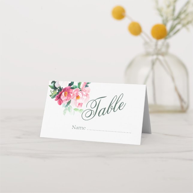 Mjuk Rosa Peony & Eucalyptus Blommig Bröllopsbord Placeringskort (Framsida)