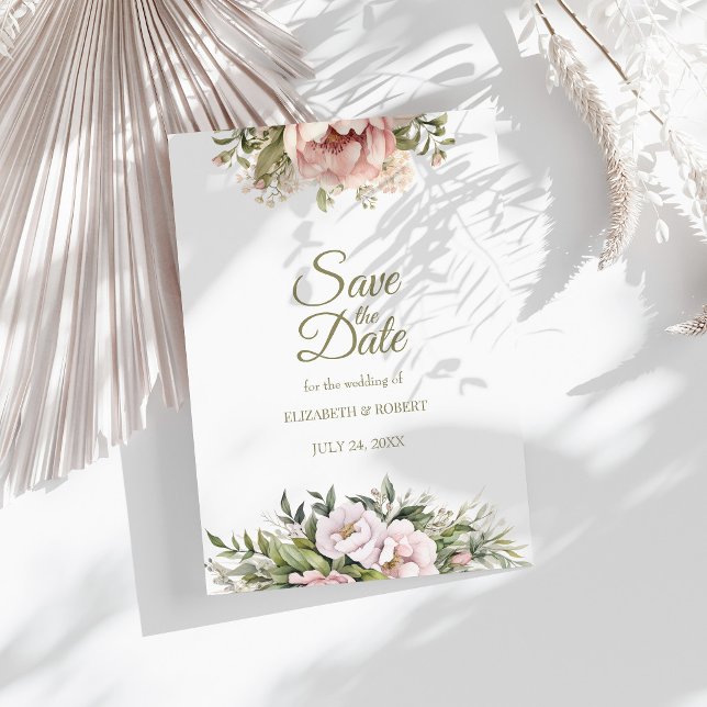 Mjuk Rosa Peony Spara Datum-kort Datumet (Soft Blush Peony Save The Date Card on a sunny white table with botanical decor)
