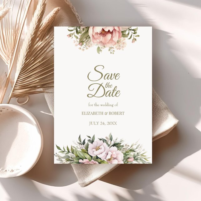Mjuk Rosa Peony Spara Datum-kort Inbjudningar (Soft Peach and Blush Floral Save The Date Invitation on a neutral boho wedding table.)
