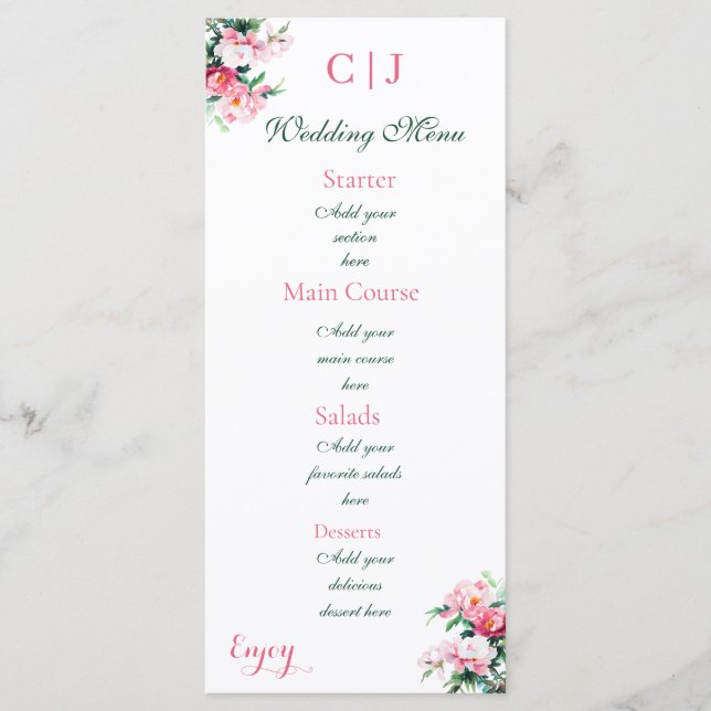 Mjuk Rosa Peony Watercolor Blommig Bröllop Meny (Framsida)