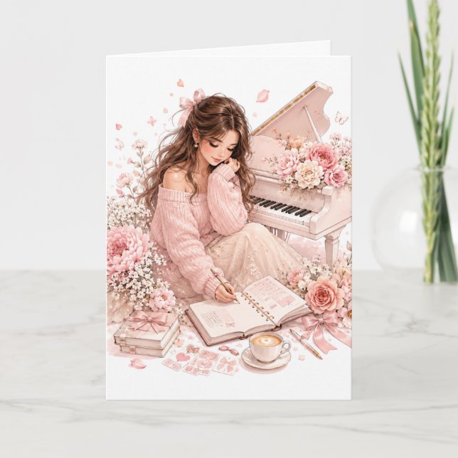 Mjuk Rosa Piano Blommig Grattiskort Kort (Framsida)