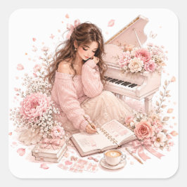 Mjuk Rosa Piano Blommig Klistermärkesark Fyrkantigt Klistermärke