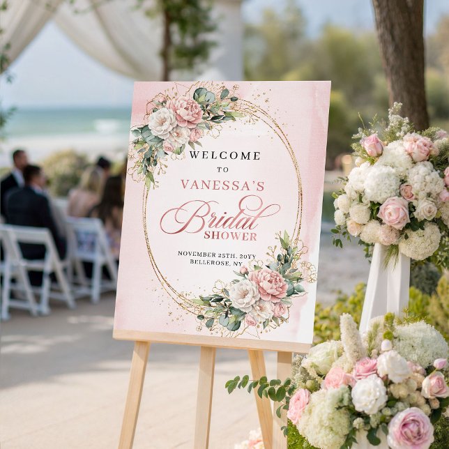 Mjuk Rosa Pulver Rosa Blommor Eukalyptus Guld Välk Poster (Soft Powder Pink Floral Eucalyptus Gold Welcome Sign)