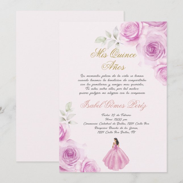 Mjuk rosa Quinceanera spanska Inbjudningar (Fram/baksida)