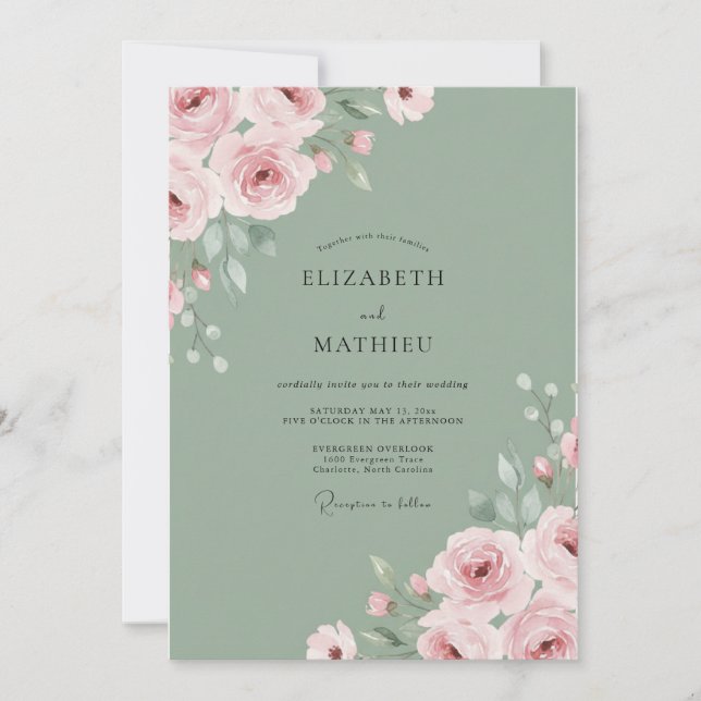 Mjuk Rosa Ranunculus-Eukalyptus-Hochzeit Inbjudningar (Framsida)