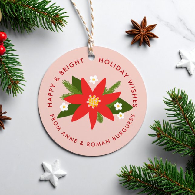 Mjuk Rosa Red Poinsettia jul Helgdag Gift Gåvor Etiketter (red poinsettia illustration and custom text pink round Christmas gift tag)