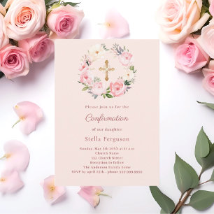 Mjuk rosa rodnad blommor kors Konfirmation Inbjudningar