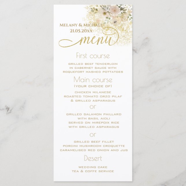 Mjuk rosa romantisk blommigt guld-kalligrafi meny (Framsida)