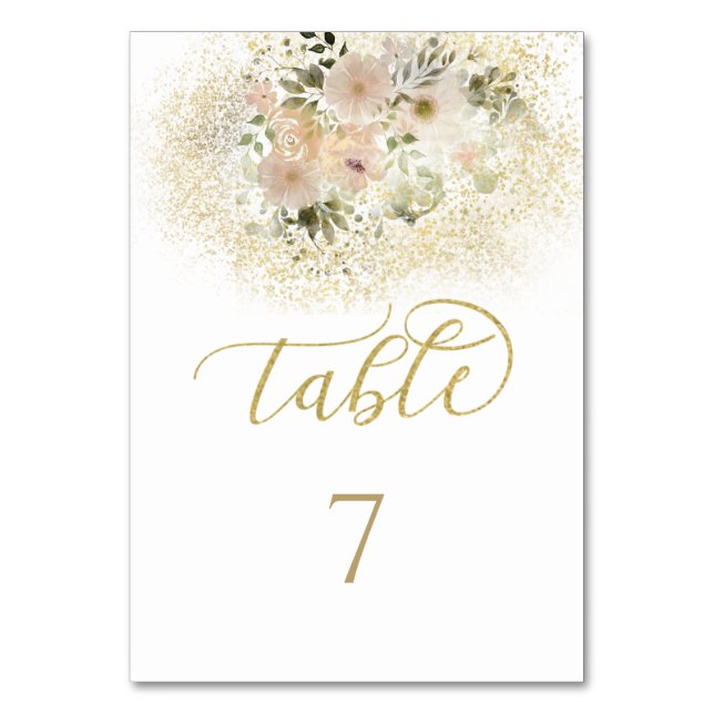 Mjuk rosa romantisk blomster- guld kalligrafi bordsnummer (Framsidan)