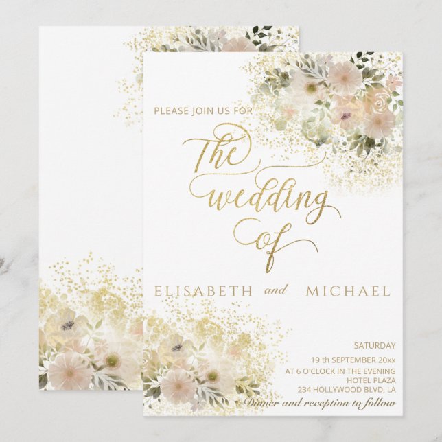 Mjuk rosa romantisk blomster- guld kalligrafi inbjudningar (Fram/baksida)