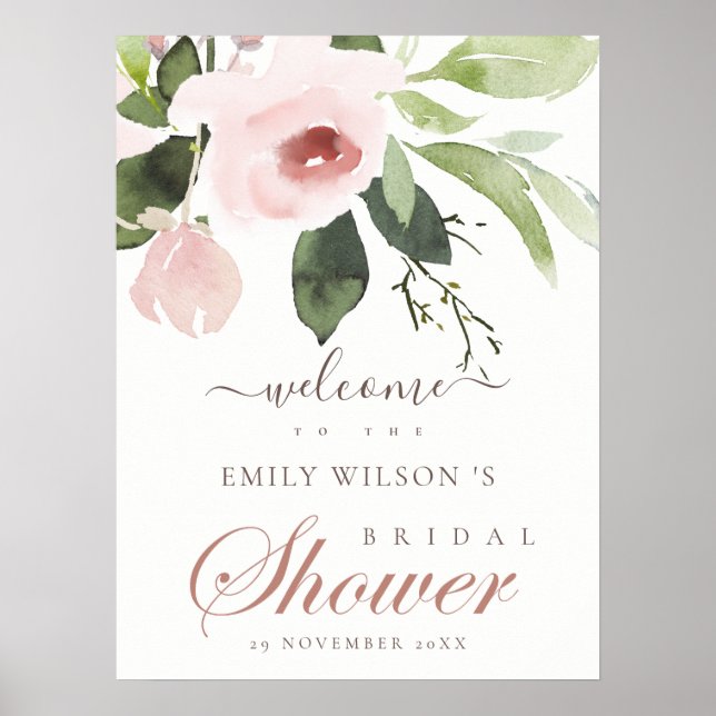 Mjuk rosa ros blomster bröllopsdusch välkommen poster (Framsidan)